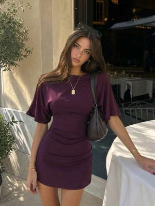 Boat Neck Short Sleeve Ruched A-line Mini Dress