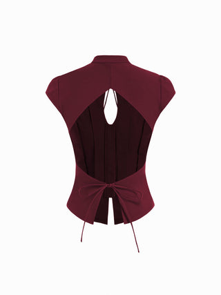 Stand Collar Short Sleeve Tie Front Cut Out Backless Slim Blouse
