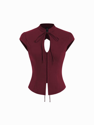 Stand Collar Short Sleeve Tie Front Cut Out Backless Slim Blouse