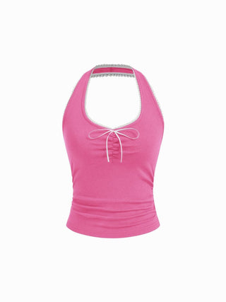Cotton-blend Halter Neck Ruched Front Cami Top