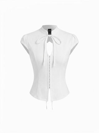 Stand Collar Short Sleeve Tie Front Cut Out Backless Slim Blouse