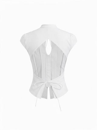 Stand Collar Short Sleeve Tie Front Cut Out Backless Slim Blouse
