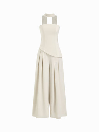 Chiffon Mid Rise Bandeau Asymmetrical Lace Up Wide Leg Jumpsuit With Scarf
