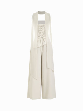 Chiffon Mid Rise Bandeau Asymmetrical Lace Up Wide Leg Jumpsuit With Scarf