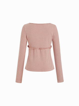 Stripe Long Sleeve U-neckline Ruffle Top & Mid Rise Wide Leg Trousers Loungewear Set