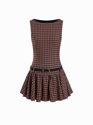 Plaid Boat Neck Drawstring Low Rise A-line Mini Dress