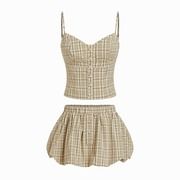 Cotton-blend Plaid Sweetheart Cami Top & Low Rise Bubble Mini Skirt Set