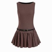 Plaid Boat Neck Drawstring Low Rise A-line Mini Dress
