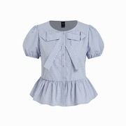 Cotton-blend Gingham Puff Sleeve Bowknot Peplum Hem Blouse