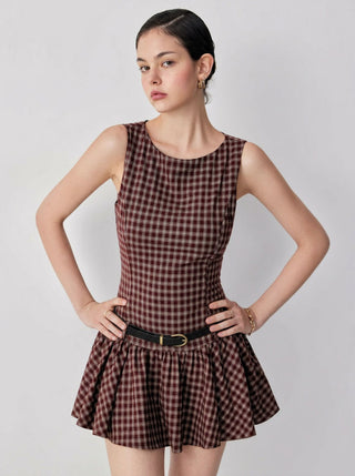 Plaid Boat Neck Drawstring Low Rise A-line Mini Dress