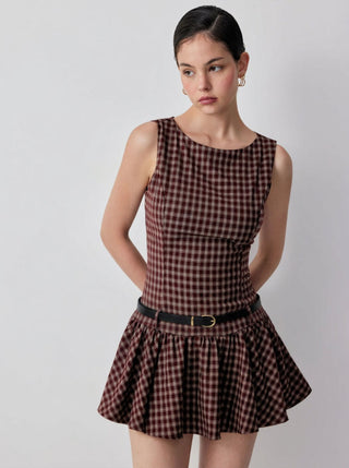 Plaid Boat Neck Drawstring Low Rise A-line Mini Dress