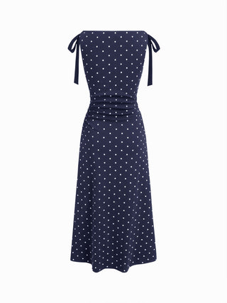 Cotton-blend Boat Neck Polka Dot Bowknot Midi Dress