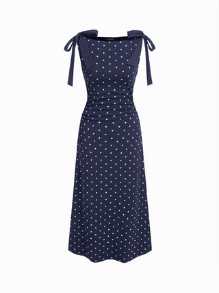 Cotton-blend Boat Neck Polka Dot Bowknot Midi Dress