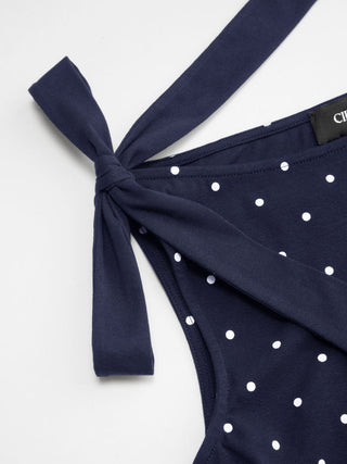 Cotton-blend Boat Neck Polka Dot Bowknot Midi Dress