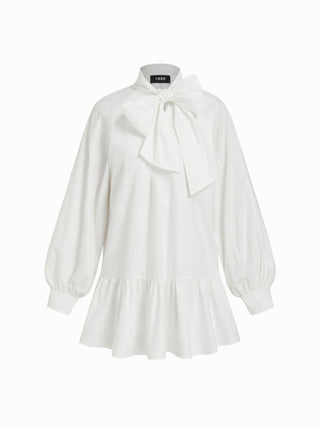 Cotton Stand Collar Lantern Sleeve Bowknot A-line Oversized Mini Dress
