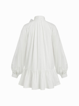 Cotton Stand Collar Lantern Sleeve Bowknot A-line Oversized Mini Dress