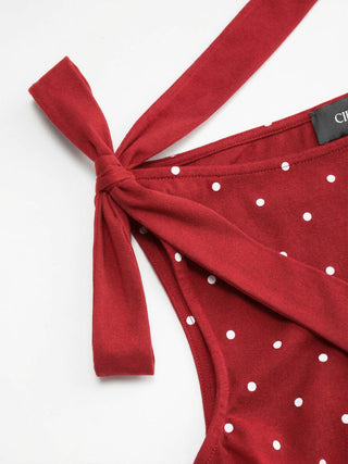 Cotton-blend Boat Neck Polka Dot Bowknot Midi Dress