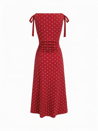 Cotton-blend Boat Neck Polka Dot Bowknot Midi Dress