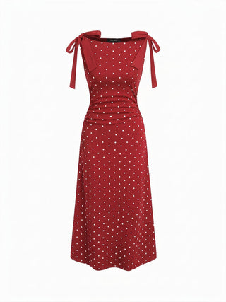 Cotton-blend Boat Neck Polka Dot Bowknot Midi Dress