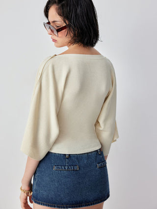 Knit Boat Neck Batwing Sleeve Sweater