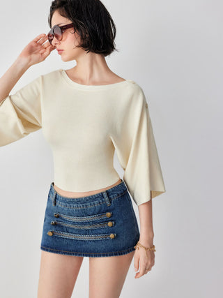 Knit Boat Neck Batwing Sleeve Sweater
