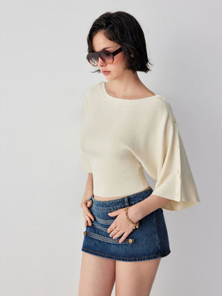 Knit Boat Neck Batwing Sleeve Sweater