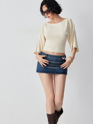 Knit Boat Neck Batwing Sleeve Sweater