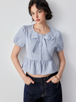 Cotton-blend Gingham Puff Sleeve Bowknot Peplum Hem Blouse