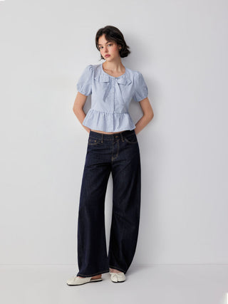 Cotton-blend Gingham Puff Sleeve Bowknot Peplum Hem Blouse