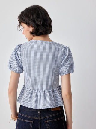 Cotton-blend Gingham Puff Sleeve Bowknot Peplum Hem Blouse