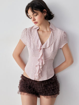 Cotton-blend Striped Ruffled Short Sleeve Blouse