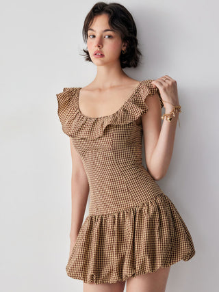 Cotton-blend Gingham Boat Neck Ruffled Bubble Hem Mini Dress