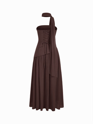 Chiffon Sculptural Halter Neckline Lace Up Maxi Bobycon Dress With Scarf