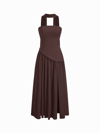 Chiffon Sculptural Halter Neckline Lace Up Maxi Bobycon Dress With Scarf