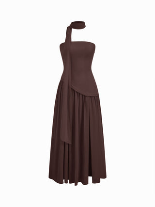 Chiffon Sculptural Halter Neckline Lace Up Maxi Bobycon Dress With Scarf