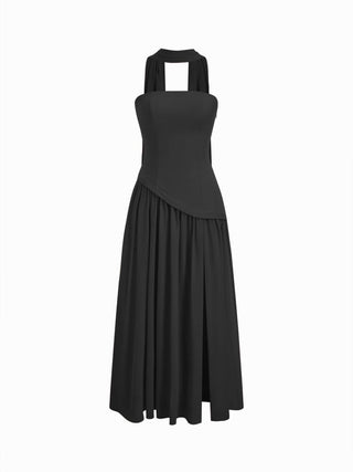 Chiffon Sculptural Halter Neckline Lace Up Maxi Bobycon Dress With Scarf