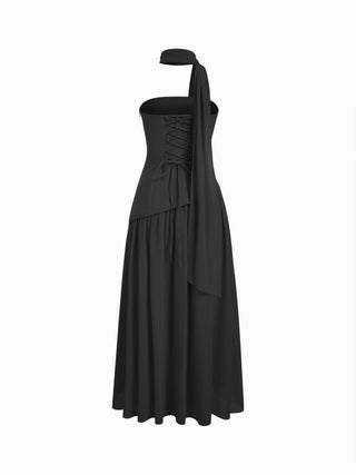 Chiffon Sculptural Halter Neckline Lace Up Maxi Bobycon Dress With Scarf