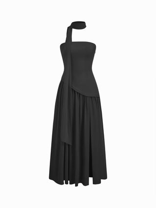 Chiffon Sculptural Halter Neckline Lace Up Maxi Bobycon Dress With Scarf