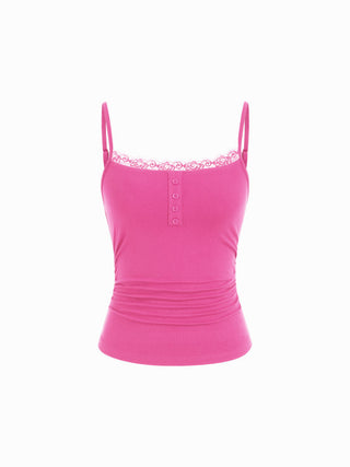 Lace Panel Ruched Henley Cami Top