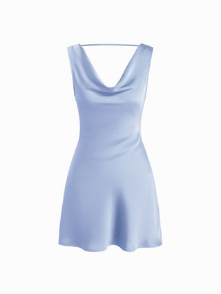 Satin Cowl Neck Backless Metal Detail A-line Mini Dress