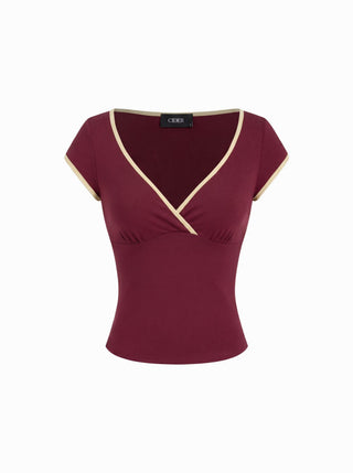 Cotton-blend V-neck Two Tone Top & Mid Rise Drawstring Straight Leg Trousers Set