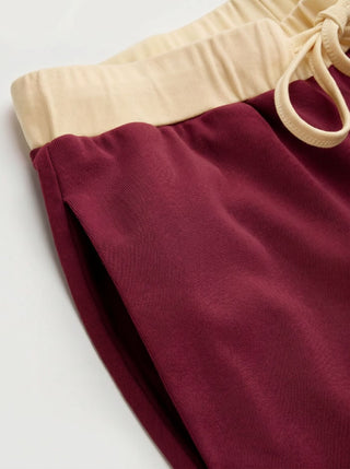 Cotton-blend V-neck Two Tone Top & Mid Rise Drawstring Straight Leg Trousers Set