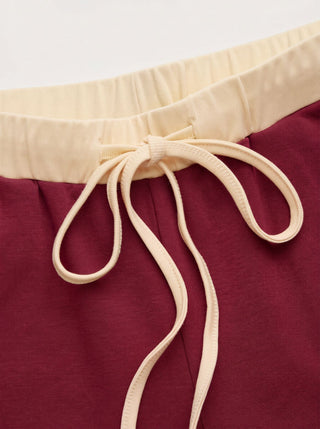 Cotton-blend V-neck Two Tone Top & Mid Rise Drawstring Straight Leg Trousers Set