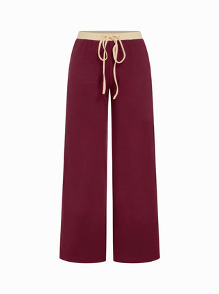 Cotton-blend V-neck Two Tone Top & Mid Rise Drawstring Straight Leg Trousers Set