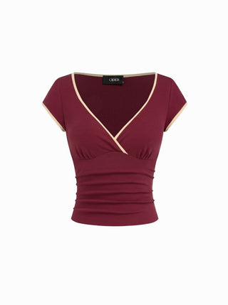 Cotton-blend V-neck Two Tone Top & Mid Rise Drawstring Straight Leg Trousers Set