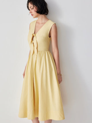 Cotton-blend V-neck Twist Knotted A-line Maxi Dress