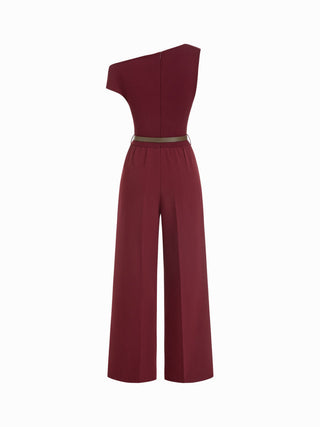 Asymmetrical Neck Ruched Jumpsuit With Belt