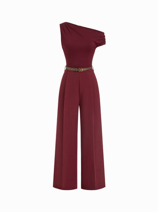 Asymmetrical Neck Ruched Jumpsuit With Belt