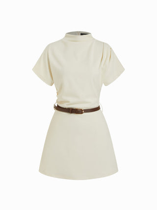 Stand Collar Short Sleeve Ruched A-line Mini Dress With Belt