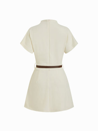 Stand Collar Short Sleeve Ruched A-line Mini Dress With Belt